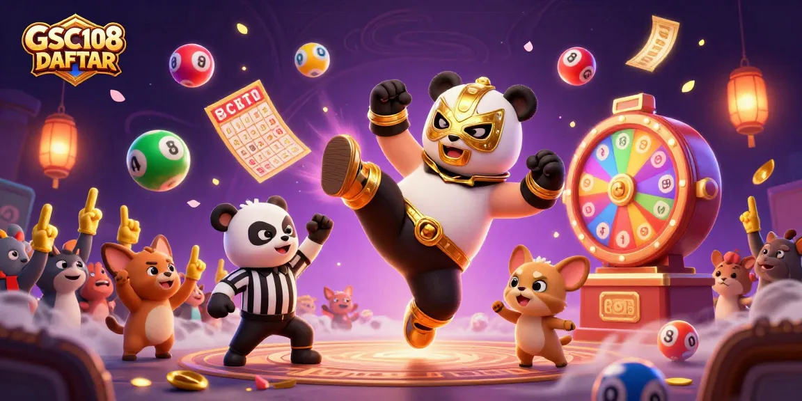 Engage in GSC108 DAFTAR with a vibrant 3D illustration of a wrestling panda, lotto elements, and cheering spectators.