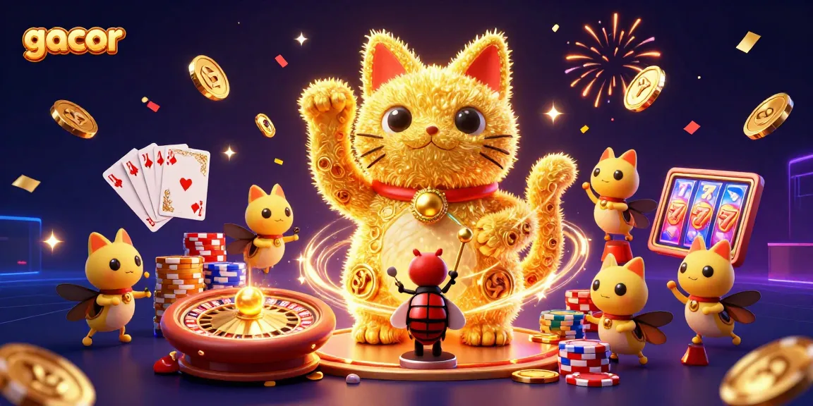 Engage with gacor slots featuring a giant lucky cat, vibrant casino elements, and festive energy.