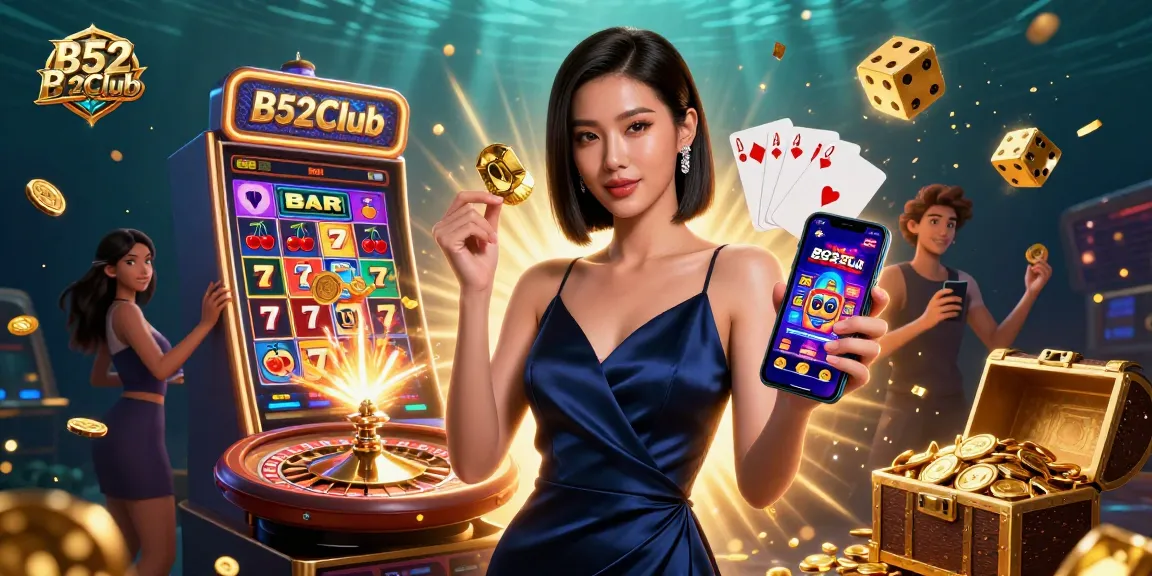 B52Club showcases a sophisticated Asian woman with a casino app, amidst a vibrant scene of jackpots and gaming elements