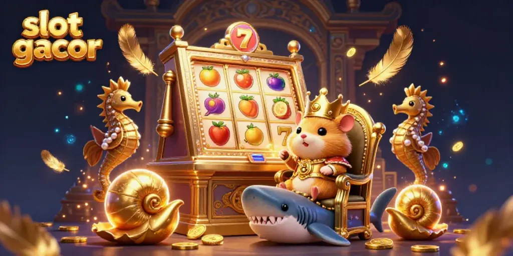 Slot gacor dengan hamster emas dan penjaga berkuda bahari dalam suasana kasino yang berkilau.