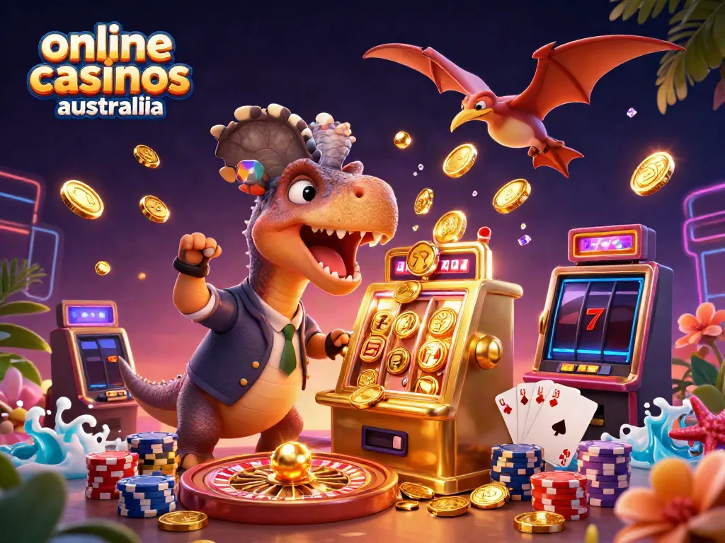 Engage with online casinos Australia through an exciting 3D scene of a dinosaur-themed jackpot.