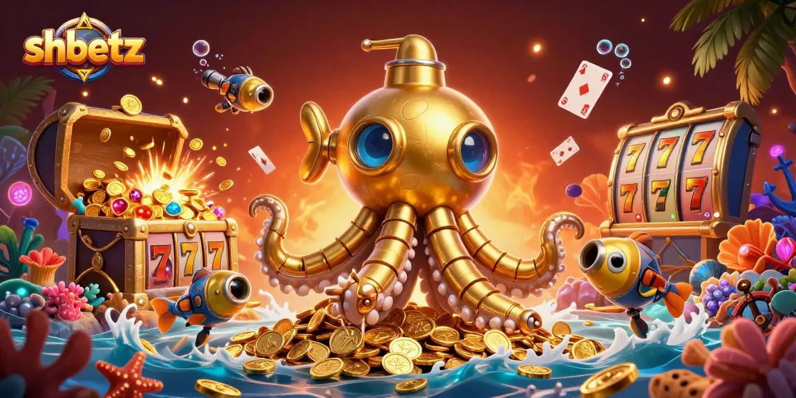 Experience thrilling gameplay at shbetz with the golden kraken submarine amidst slot reels and treasures.