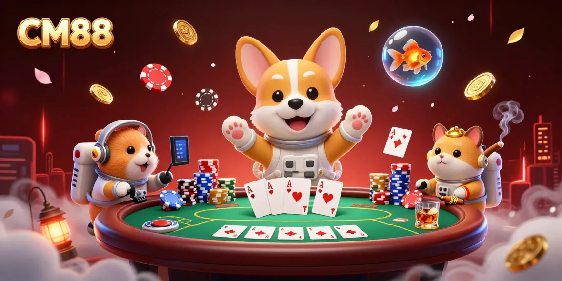 Experience high-stakes gaming at CM88 casino with captivating elements like poker cards and golden coins.