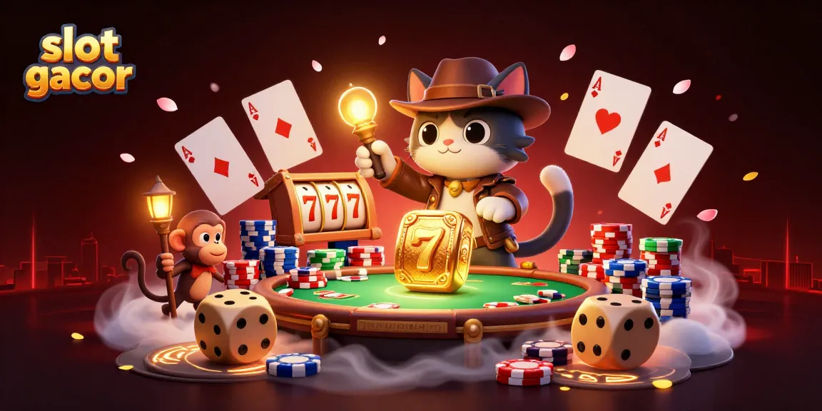 Experience the thrill of slot gacor with a cat archaeologist uncovering treasures amidst vibrant casino elements.
