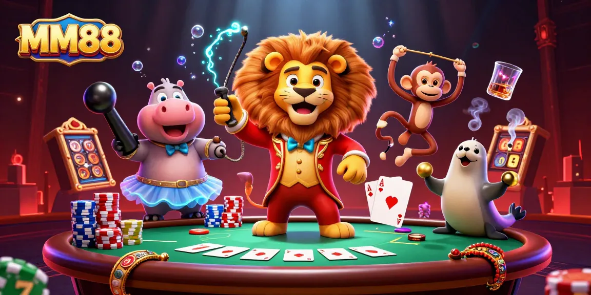 Engage with MM88's vibrant casino scene featuring animated characters and dynamic gambling elements.