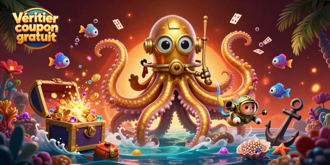 Vérifier coupon gratuit avec une illustration animée 3D d’un kraken, d’un chat plongeur, et des poissons bioluminescents.
