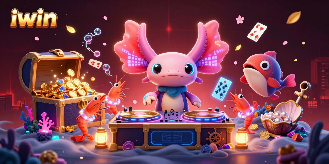 Experience the vibrant gaming world of iwin with an axolotl DJ and lively aquatic characters