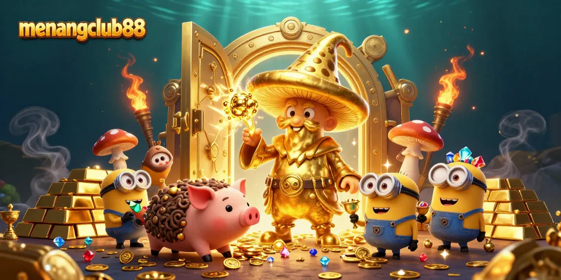 Experience the excitement of menangclub88 with a wizard and golden treasures in this vibrant 3D scene.