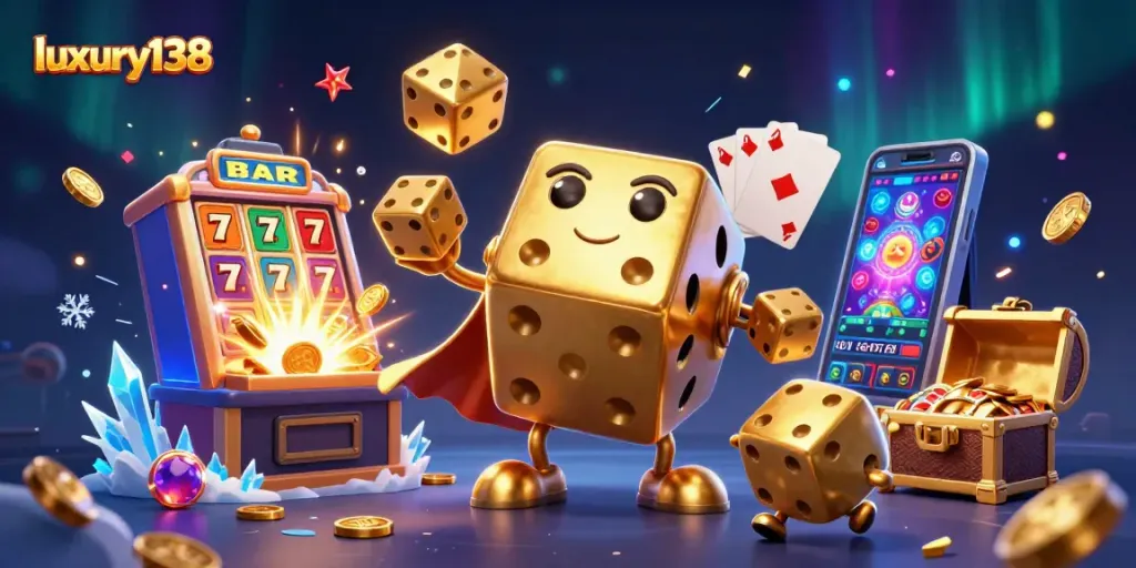 Win big with luxury138 at a vibrant casino scene featuring golden dice and jackpots