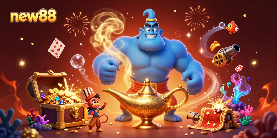 Experience the thrill of new88 with a magical genie and poker chips in a vibrant casino scene.