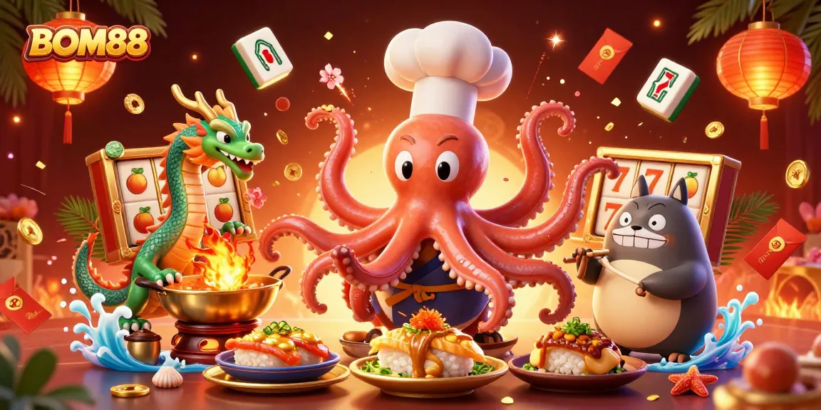 BOM88 showcases vibrant casino gaming with an octopus chef, dragon, and tanuki amidst golden insights.
