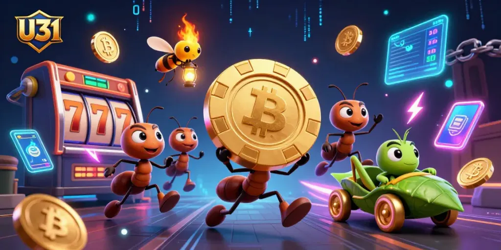 Engage in thrilling gameplay with U31 as cartoon ants navigate a heist with a massive poker chip.