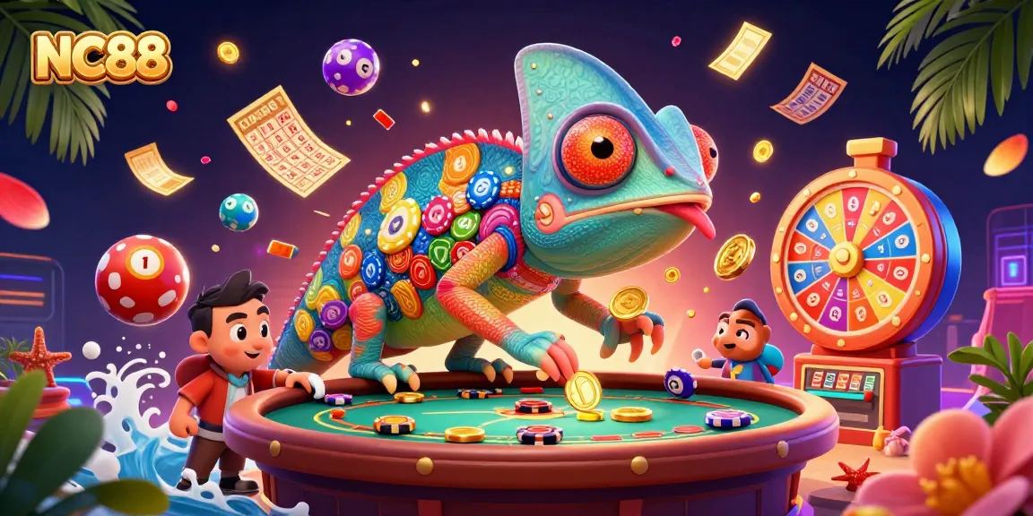 Experience the thrilling world of NC88 with a colorful casino scene featuring dynamic lottery elements.