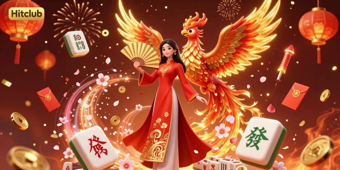 Hitclub showcases an exhilarating scene of a graceful woman and a phoenix amidst a casino-themed celebration, emphasizing vibrant visuals.