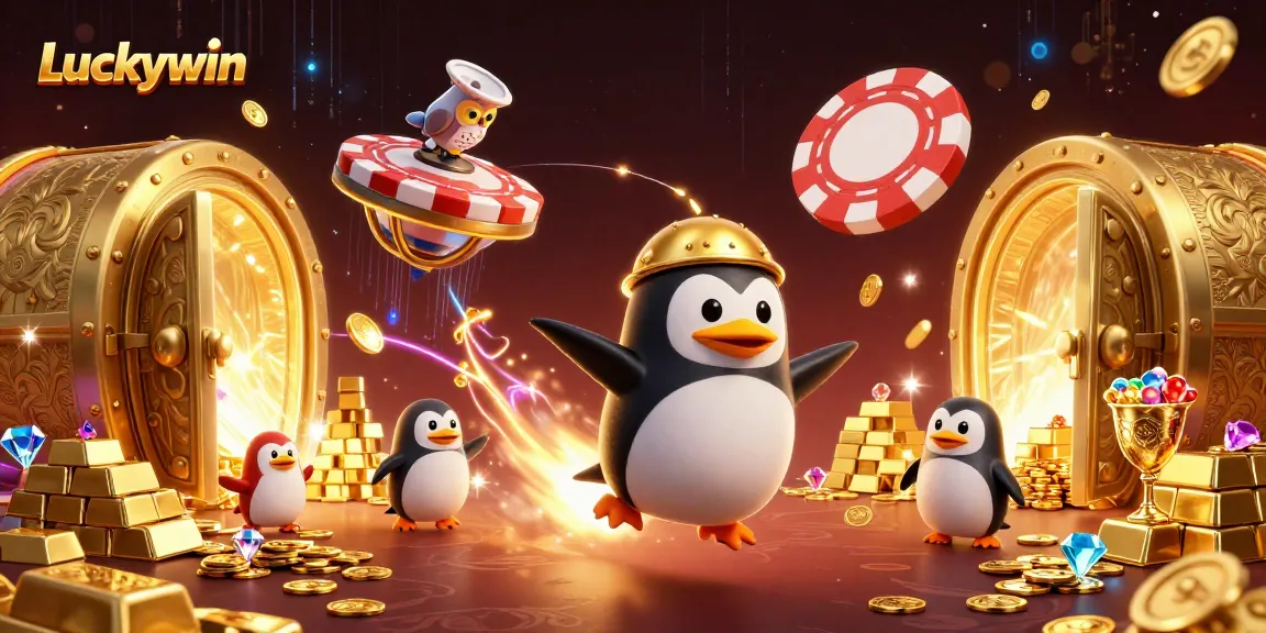 Experience the excitement of Luckywin with a golden penguin racing to a casino station amidst treasures.