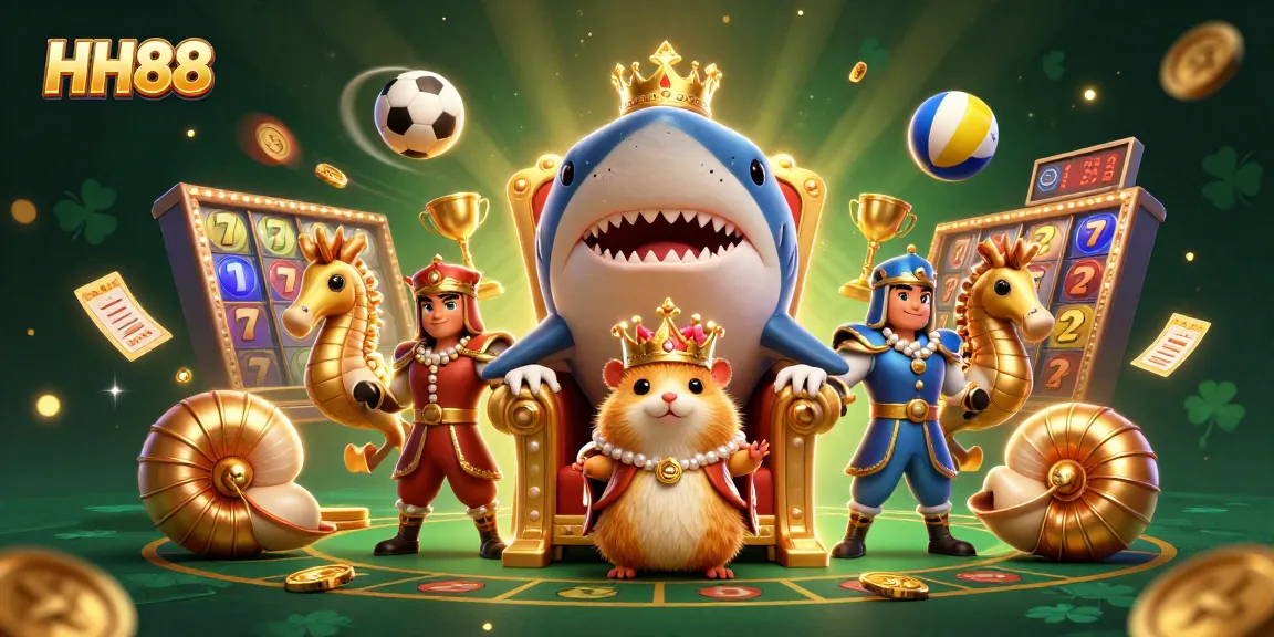 Experience thrilling gaming at HH88 with an imaginative scene featuring a hamster king and diverse casino elements.