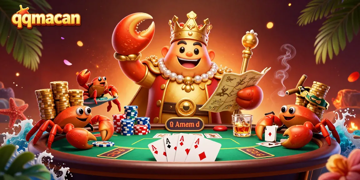 Join the exciting qqmacan poker scene with a golden crab emperor and treasure map.