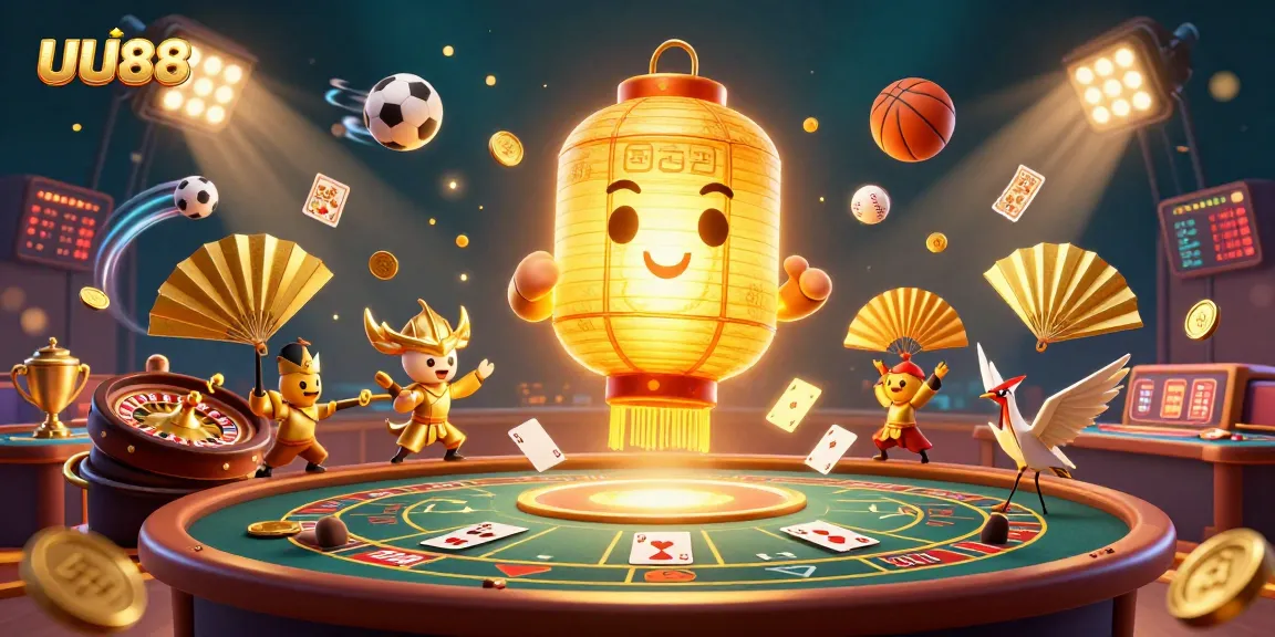 Engage in dynamic betting action with UU88 at a lively live casino featuring golden characters and exciting game elements.