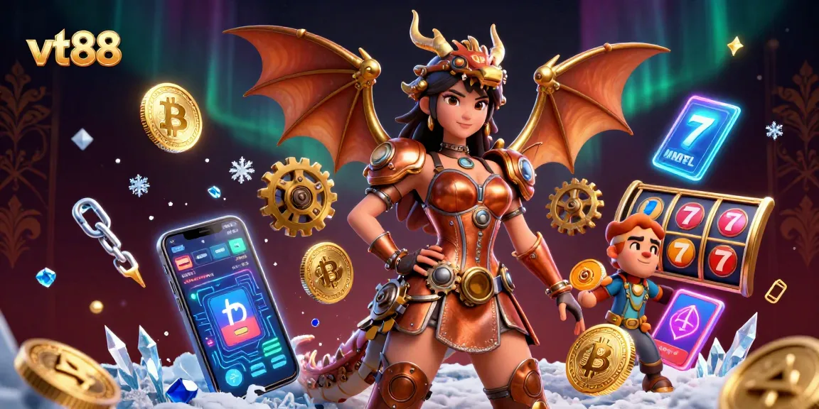 Spin to win at vt88 with a stunning casino scene featuring a steampunk woman and crypto elements.
