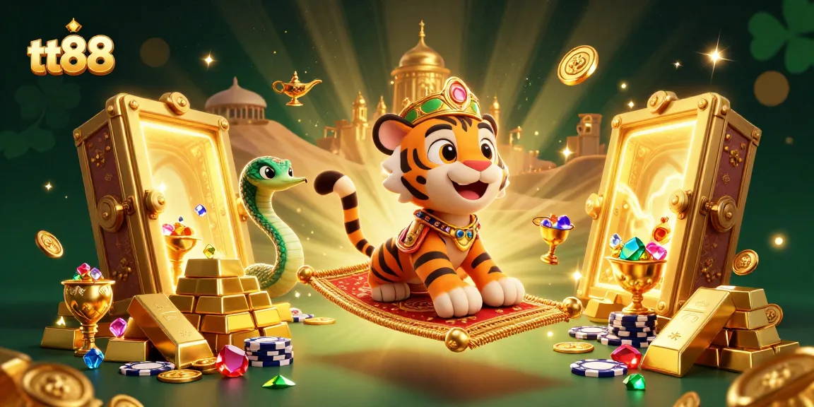 Experience the excitement of tt88 casino with a vibrant Arabian Nights scene showcasing riches and games