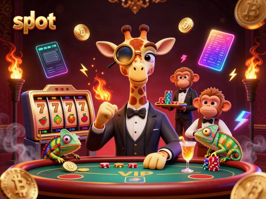 Spin the slot with vibrant characters in a fun, dynamic casino scene, featuring a giraffe and monkey.