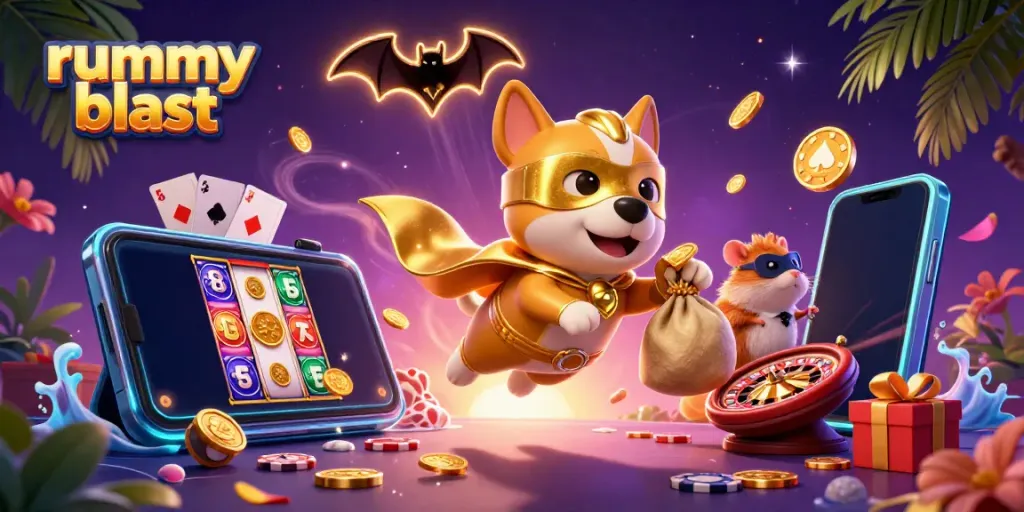 Experience rummy blast with this vibrant illustration of a superhero dog and hamster amidst dazzling casino elements.
