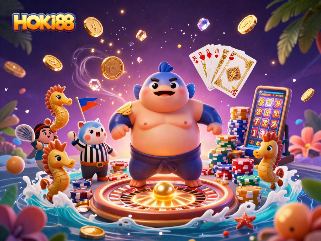Engage with HOKI88's vibrant underwater casino scene featuring cartoon characters and gambling excitement.
