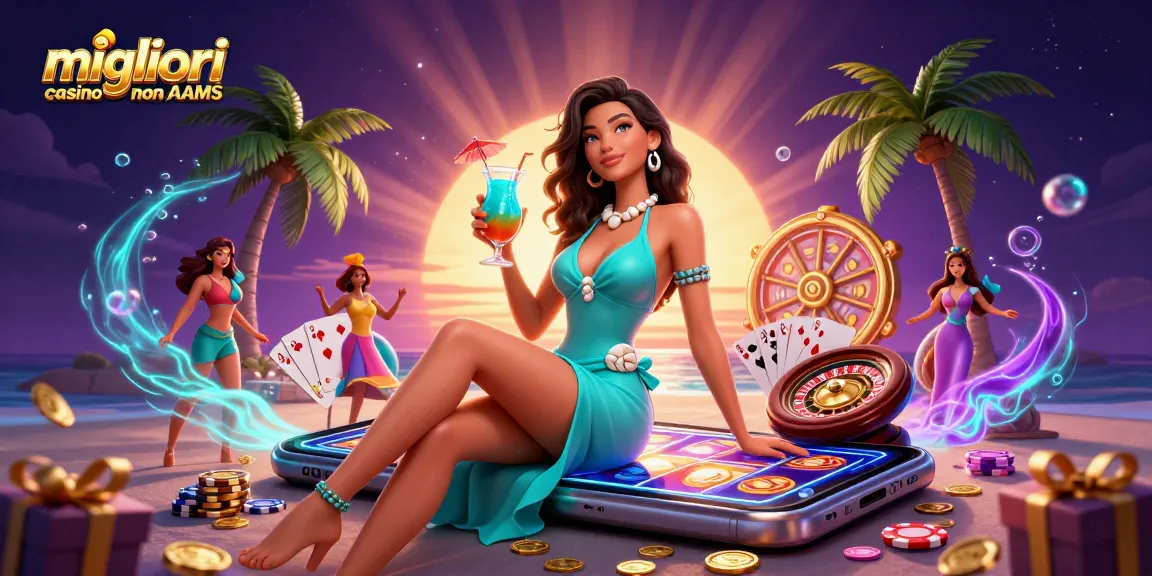 Interagire con la scena illustrata dei migliori casino non AAMS che mostra una donna asiatica che si gode un resort casinò.