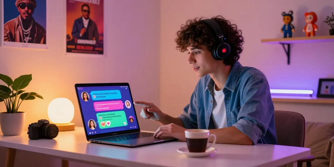 Engaging NSFW chat scene with a user interacting with an AI chatbot, modern desk setup, playful messages, cozy atmosphere.