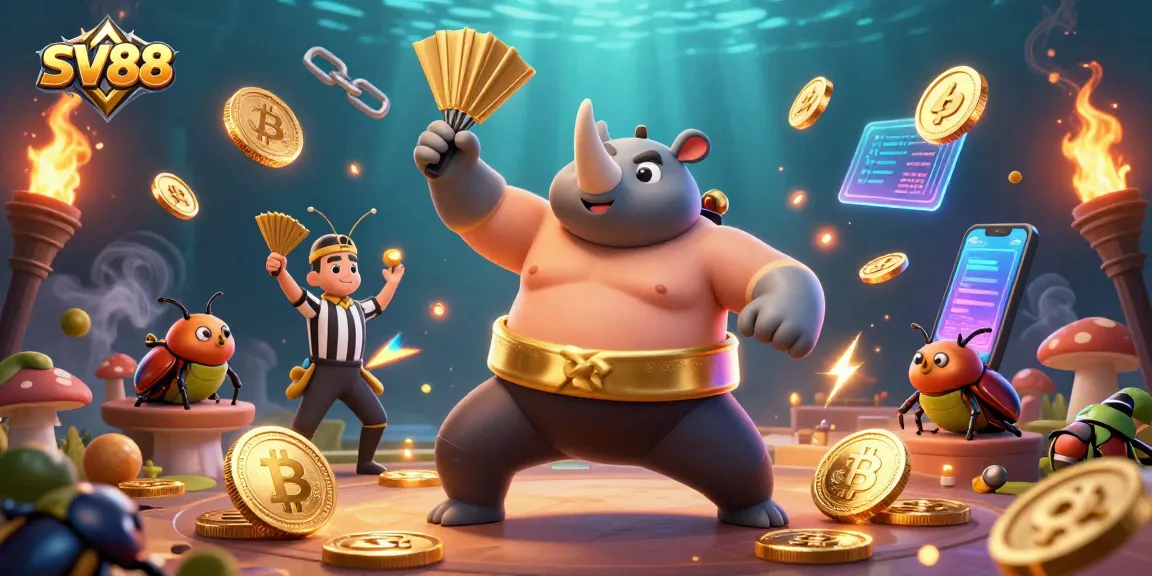 Experience the SV88 champion beetle stomping coins in this vibrant casino illustration.