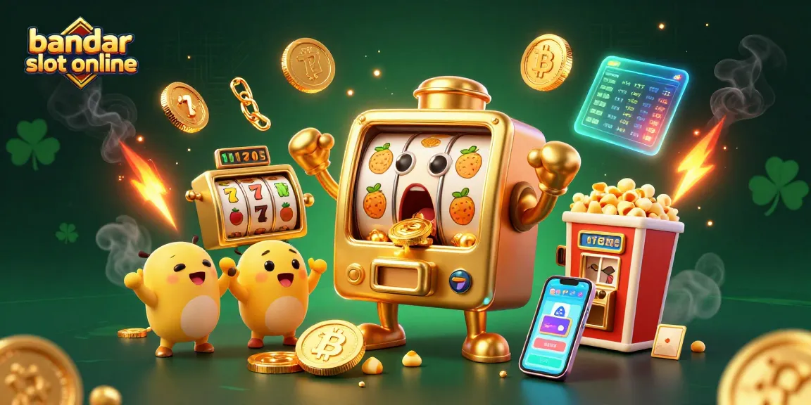 Mesin slot emas sentient menang jackpot di bandar slot online dengan koin berkilau dan mesin kecil bersorak.