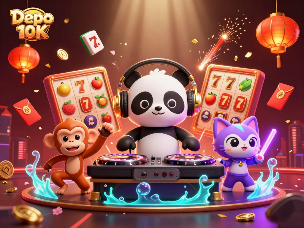 Experience the thrill of Depo 10K with a vibrant 3D scene featuring casino characters and colorful game elements.