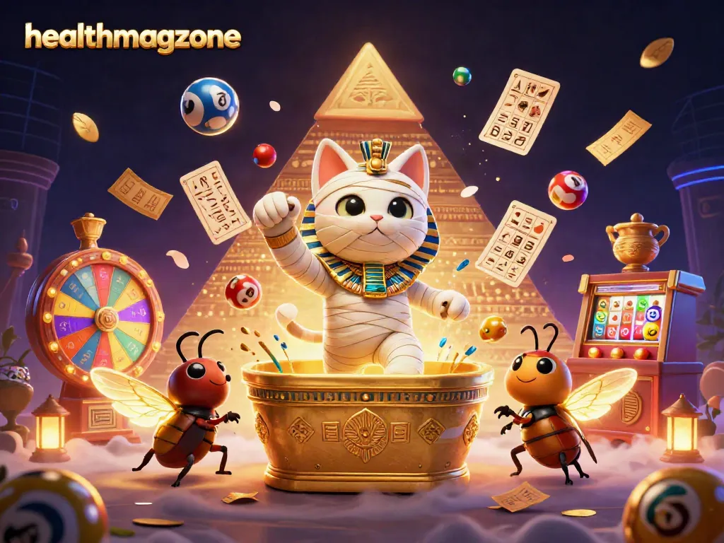 Permainan jackpot berharga tinggi dan slot menarik di healthmagzone dengan mumi kucing dan scarab.