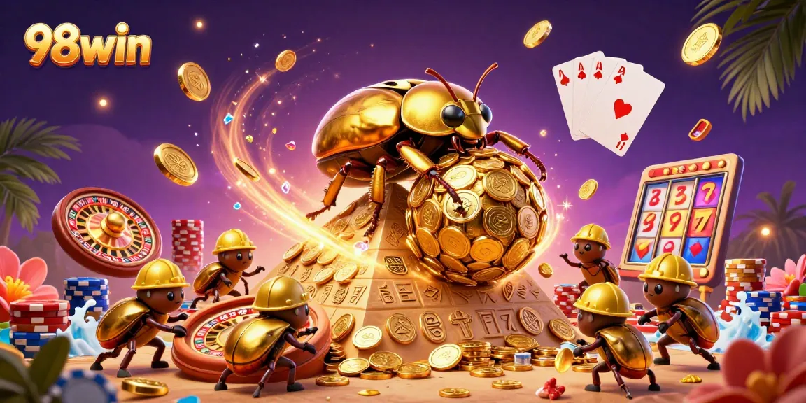 Experience excitement at 98win with a golden beetle scene featuring dynamic casino elements.