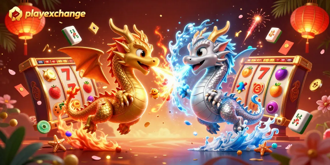 Engage with playexchange through vibrant slot reels and dynamic dragons in this captivating scene.
