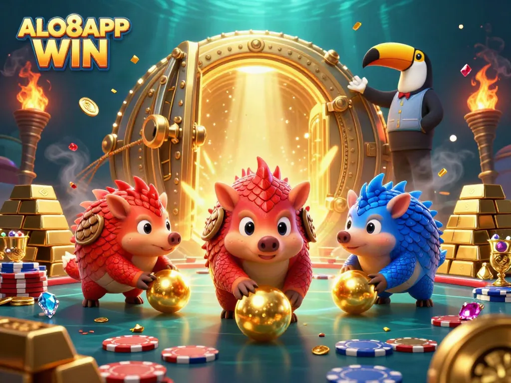 Experience thrilling gameplay with ALO8APP WIN as rival pangolins compete in a dynamic casino scene.