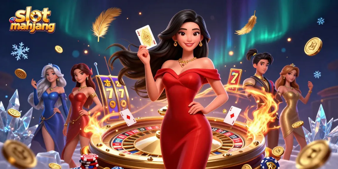 Engage with the dynamic slot gacor mahjong scene showcasing a stunning Asian woman, roulette wheel, and playing cards.