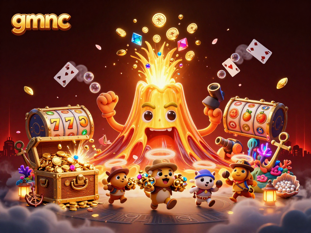 Experience thrilling wins at gmnc with vibrant slot reels and treasures in this captivating illustration.