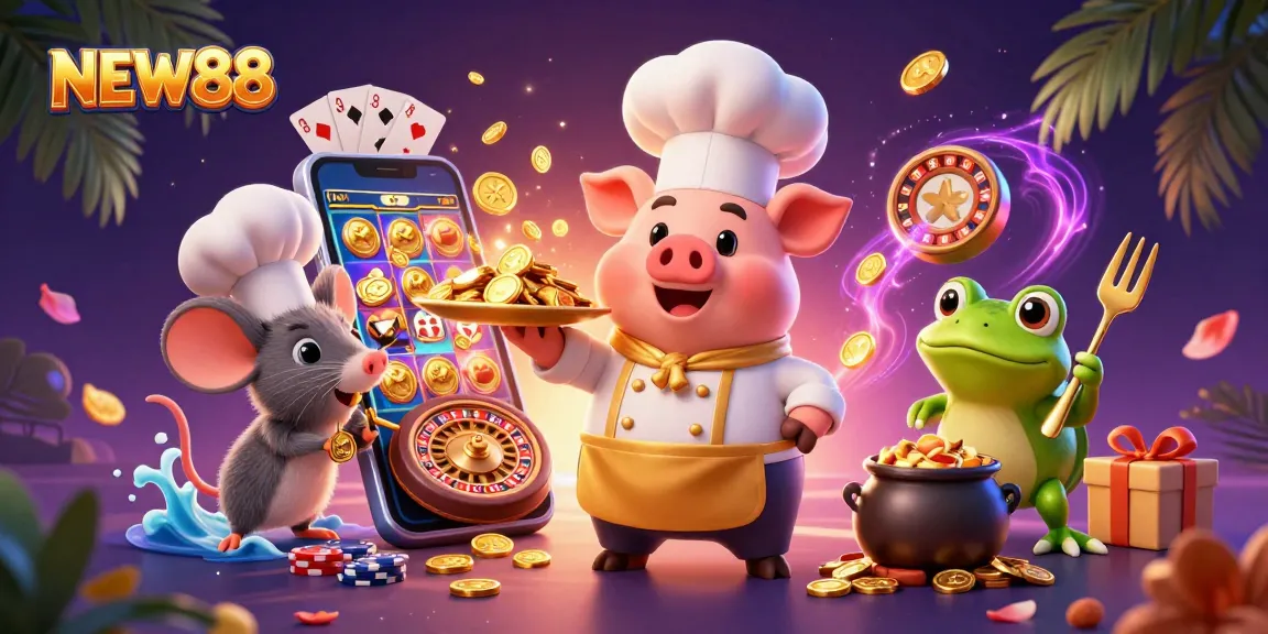 Experience the thrill of winning with NEW88's vibrant casino scene featuring playful characters and dynamic games.