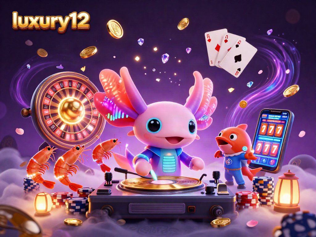 Experience the vibrant world of luxury12 with a neon axolotl DJ and fun casino elements.