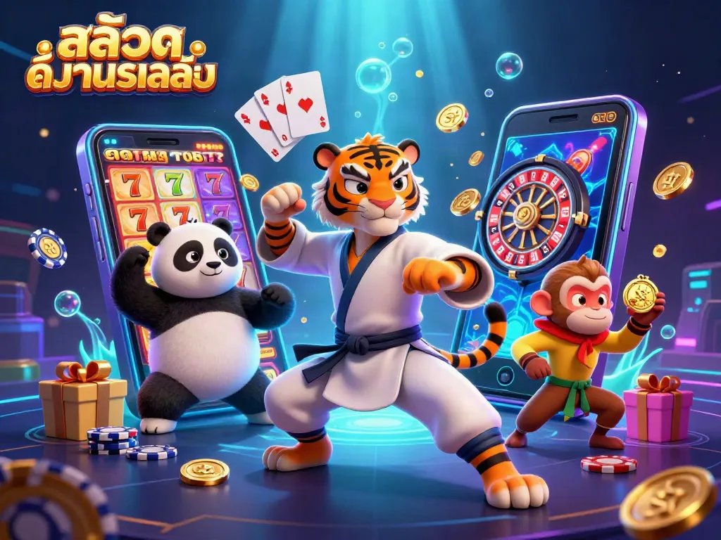 เกมสล็อตทดลองเล่นกับตัวละครมาสเตอร์เสือและเหล่าศิษย์ในสภาพแวดล้อมที่มีสีสัน