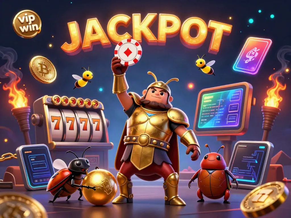 Celebrate your vip win with a victorious beetle and golden gaming elements in a dazzling casino scene.
