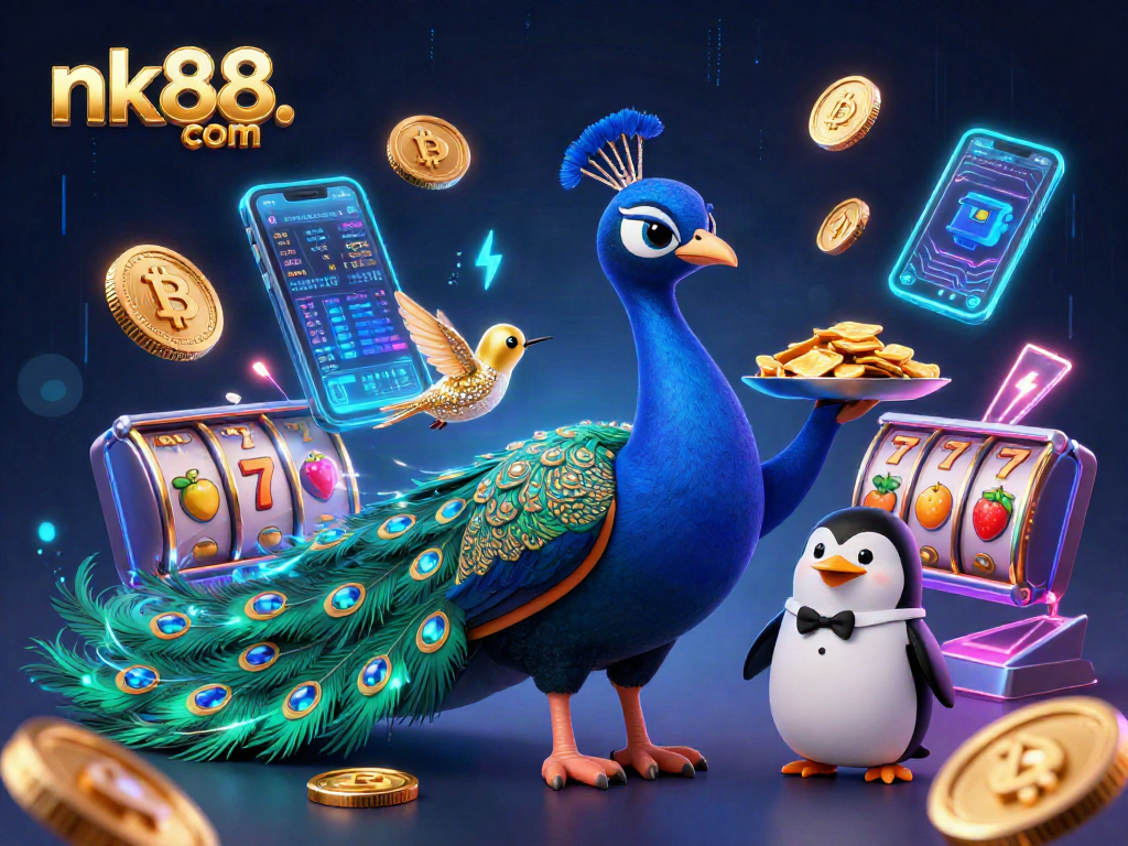 Win big with nk88. com in this vibrant 3D casino scene featuring colorful crypto elements.