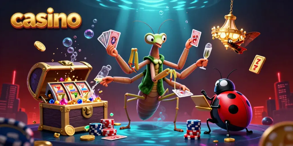 Casino scene with cartoon mantis card sharp and ladybug pit boss celebrating wins.