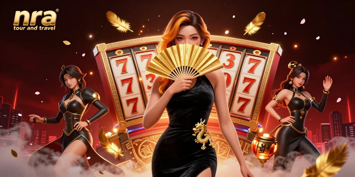 Engaging scene showcasing nra tour and travel with vibrant slot machines, lucky symbols, and an elegant character.