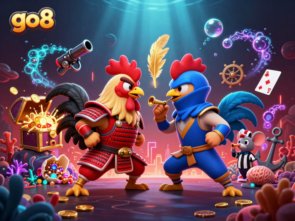 Experience the excitement of go8's gaming standoff with 3D fighting roosters and rich treasure!