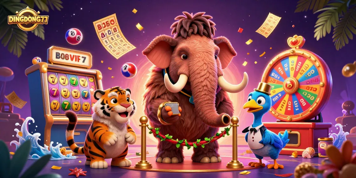DINGDONG77 showcases a vibrant gaming scene with characters and dynamic slot elements, creating an engaging casino atmosphere.