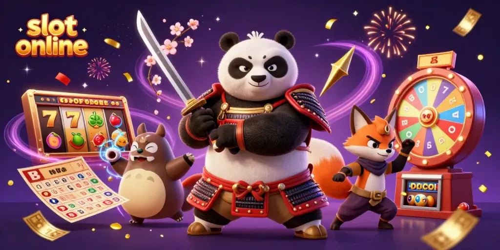 Gambaran slot online dengan panda samurai dan rubah ninja dalam suasana meriah.