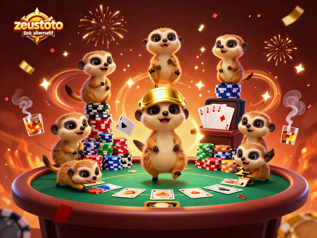 Engage with zeustoto link alternatif in a vibrant casino scene showcasing animated meerkats managing poker tables.