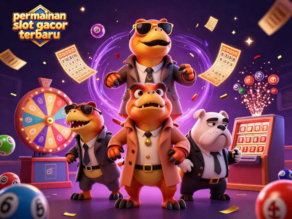 Permainan slot gacor terbaru, tiga raptor dalam jas memasuki kasino, dikelilingi bola lotere dan tiket emas.